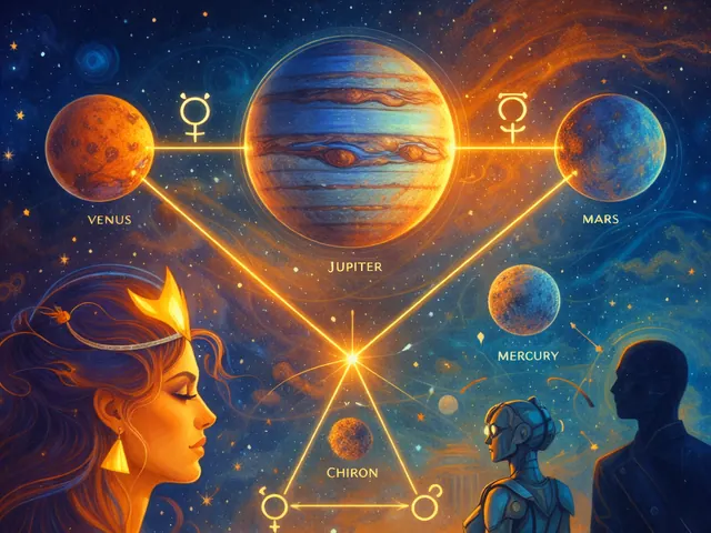 January 2026 newsletter illustration: The first half of the month brings several oppositions to Jupiter that intensify the expansion/compression theme. Venus opposite Jupiter on