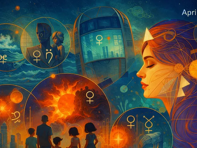 April 2026 newsletter illustration: Midmonth heightens that dynamic through a series of exacting contacts. Mars conjunct Neptune on April 13 brings drive shaded by ambiguity—mo