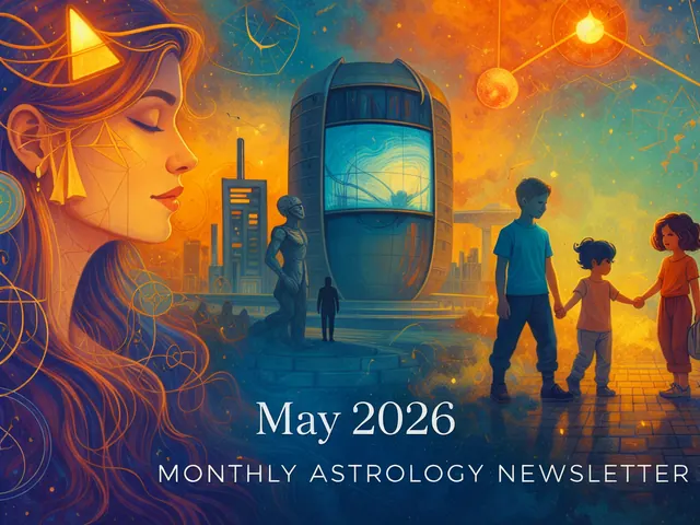 May 2026 newsletter illustration: May opens under a concentrated, workmanlike energy and a palpable pressure to make inner material useful. A dense stellium anchored by Mars,