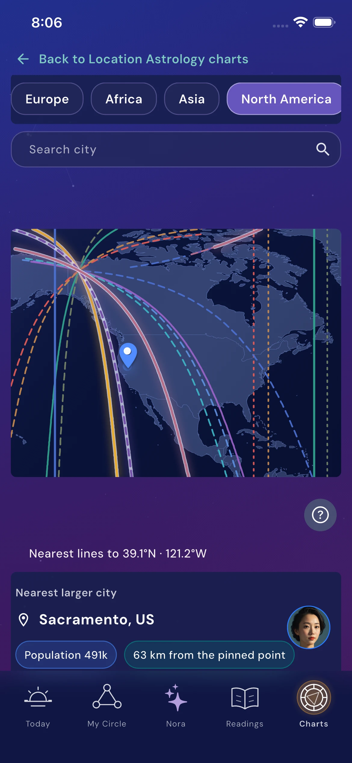 Astrocartography lines across North America with a pin near Sacramento