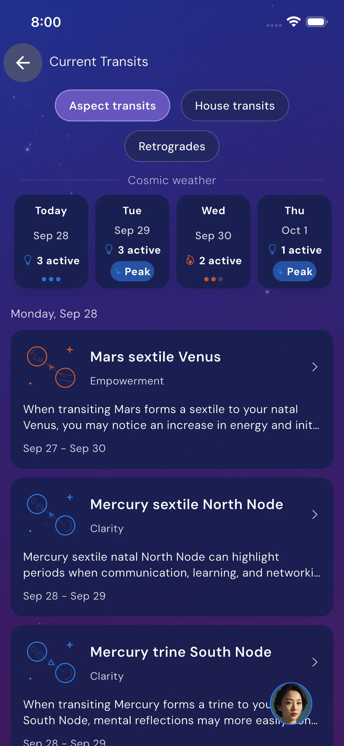 Current transits and cosmic weather in Astra Nora