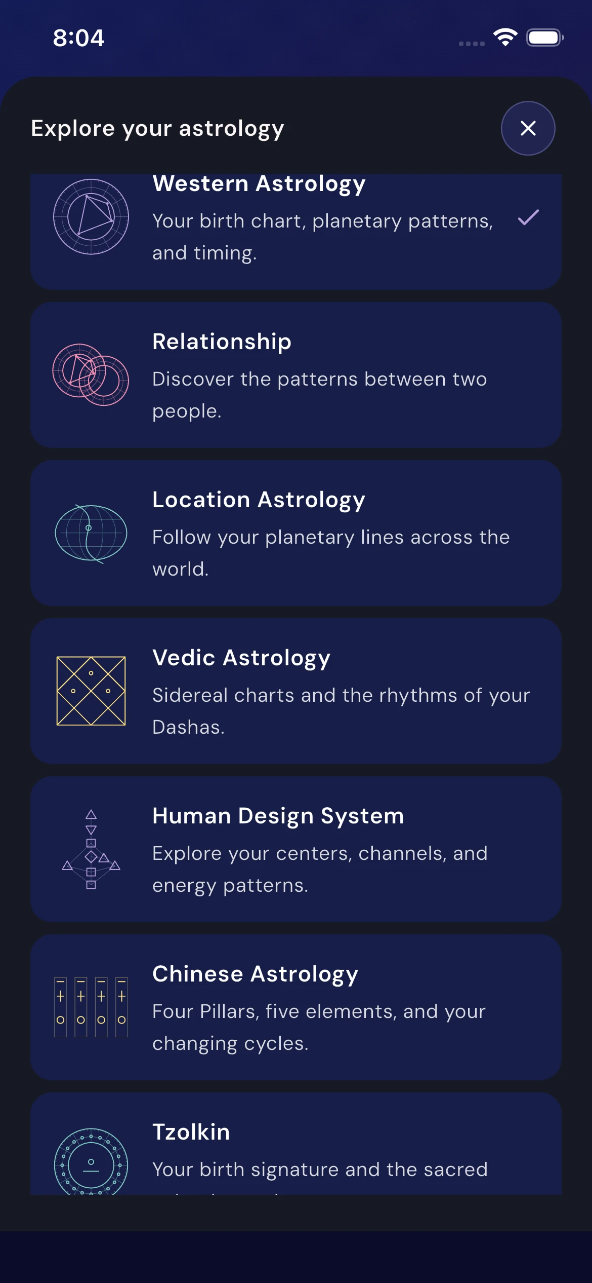 Explore astrology menu with Western, relationship, location, Vedic, and Human Design options