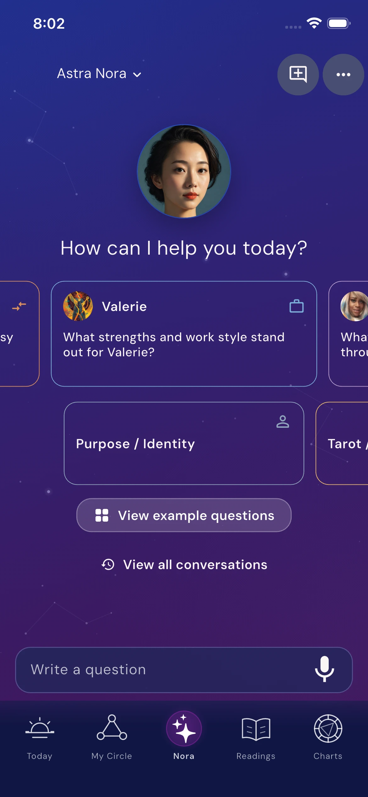 Nora with suggested questions and conversation topics