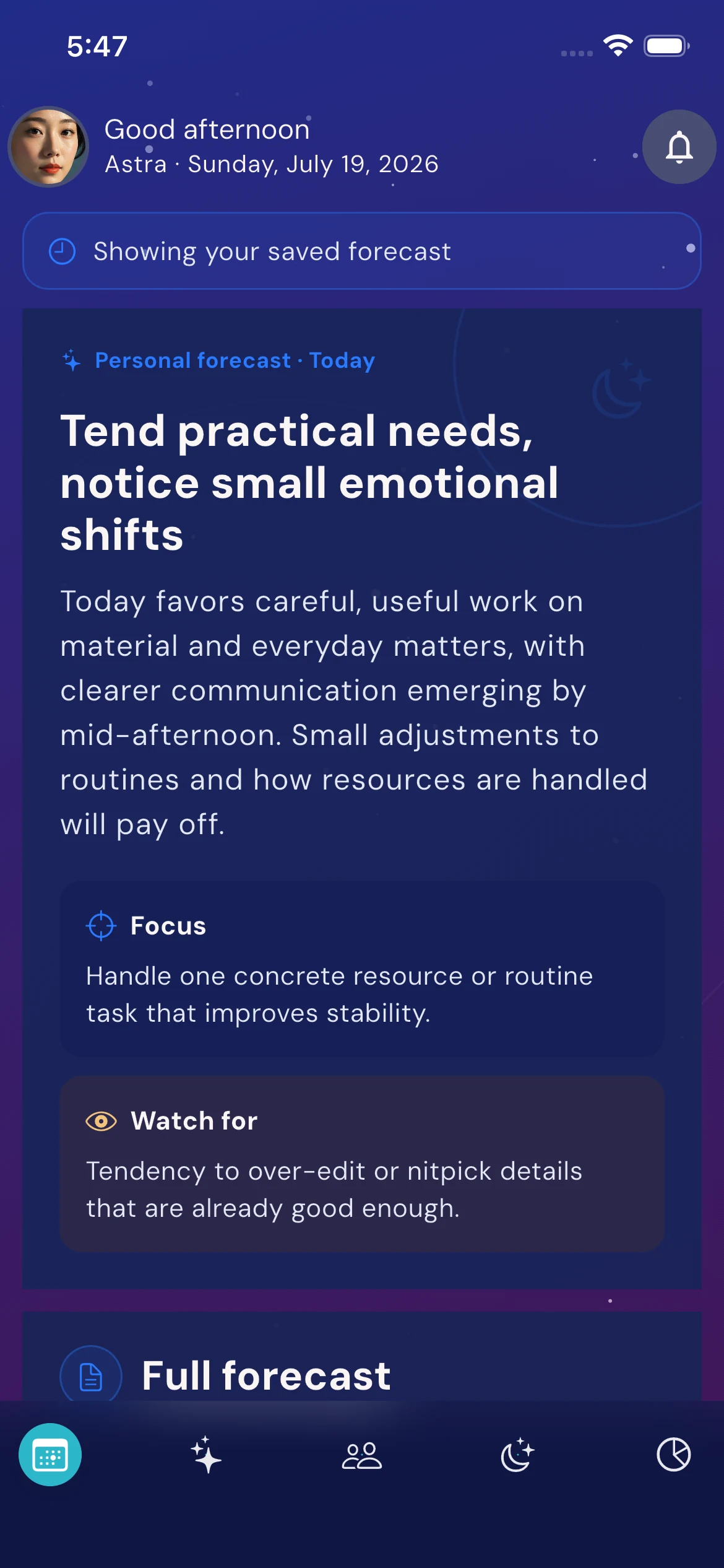 Personalized daily forecast in Astra Nora
