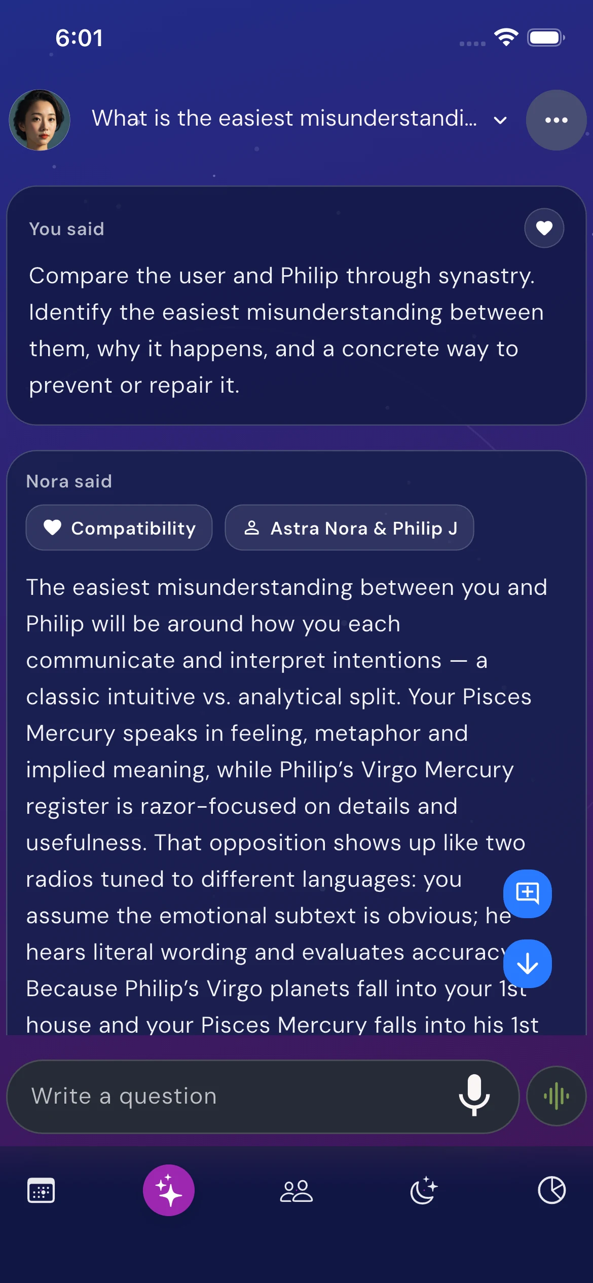 Nora answering a personalized compatibility question